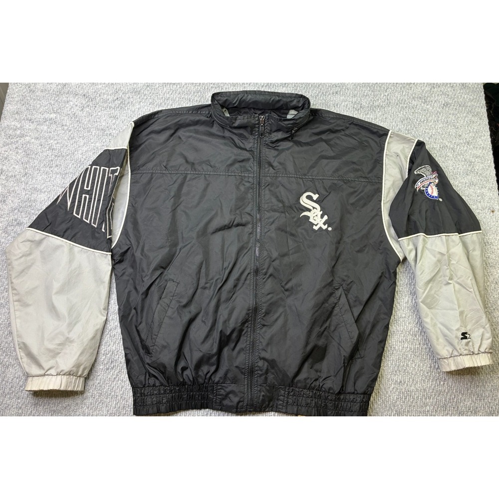 Vintage 90s Starter Chicago White Sox Jacket Mens XL Black Gray MLB Windbreaker